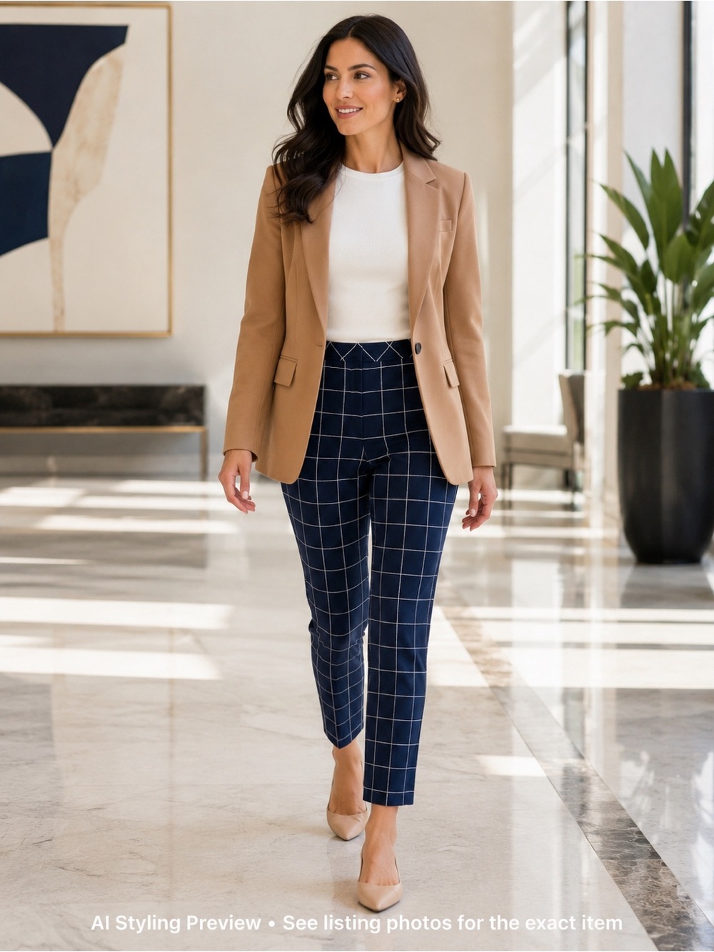 Trina Turk Navy Windowpane Slim Career Trousers US 8 Stretch